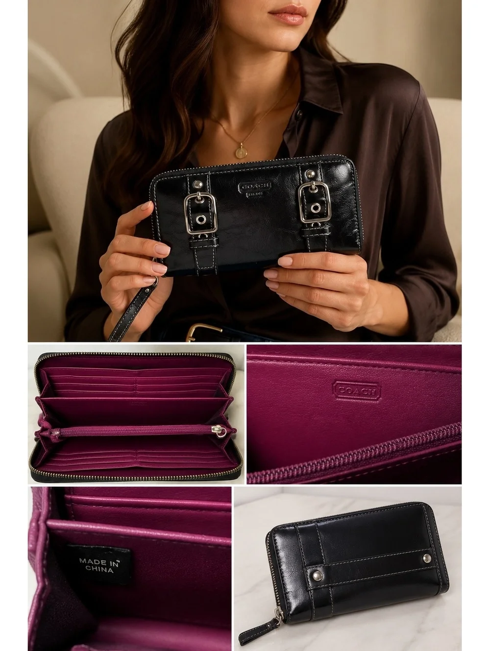 Coach Black Patent Leather Zip Around Wallet Buckle Accent Purple Interior